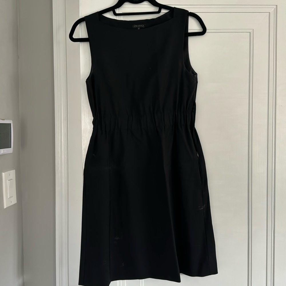 Black theory shift dress with ruched waist
